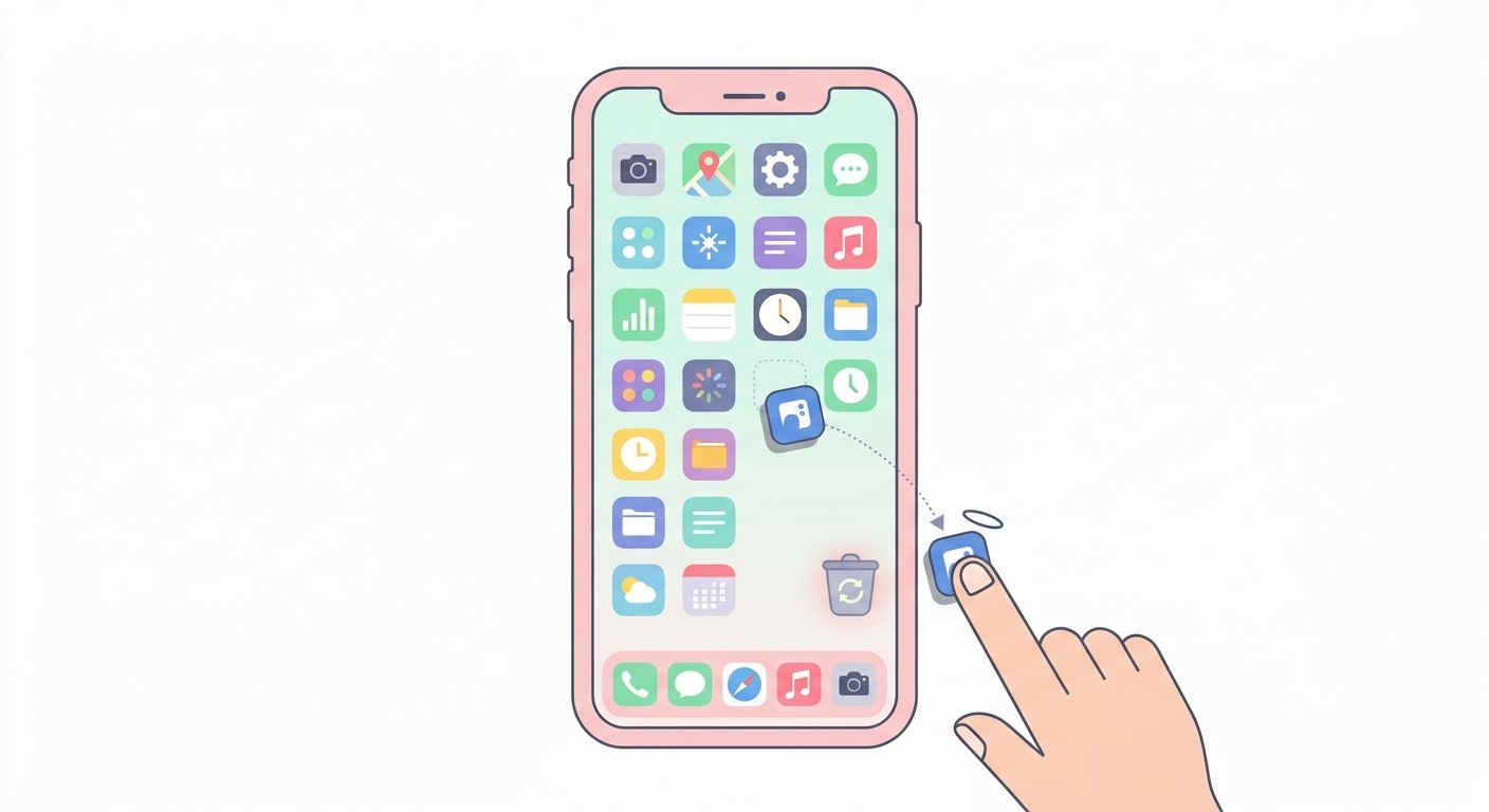 Illustration of an app icon being dragged to the trash, showing why app retention is the real risk in the app vs website decision