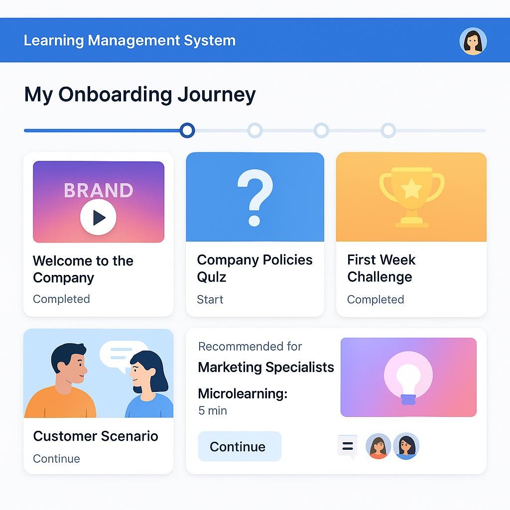 A vibrant and dynamic screenshot or conceptual interface of a modern Learning Management System dashboard, specifically designed to showcase an engaging and personalized learning path for a new hire. The main area displays a clear 
