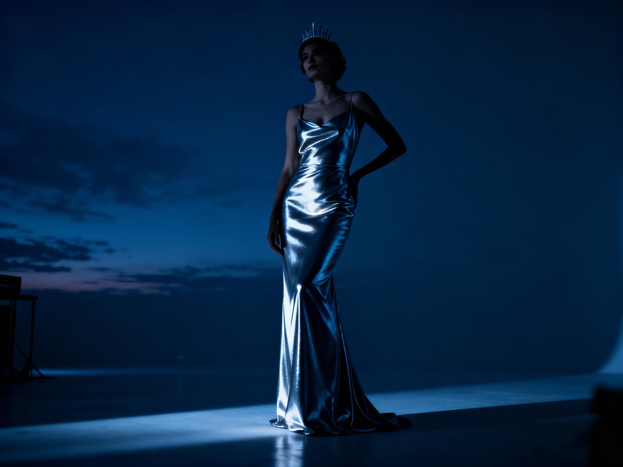 A frame showing a model in a sleek, modern birthday dress posed dramatically against a moody