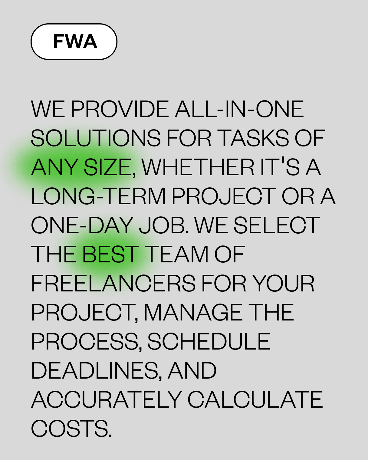 Creative agency poster describing full-service project management and custom freelance team selection