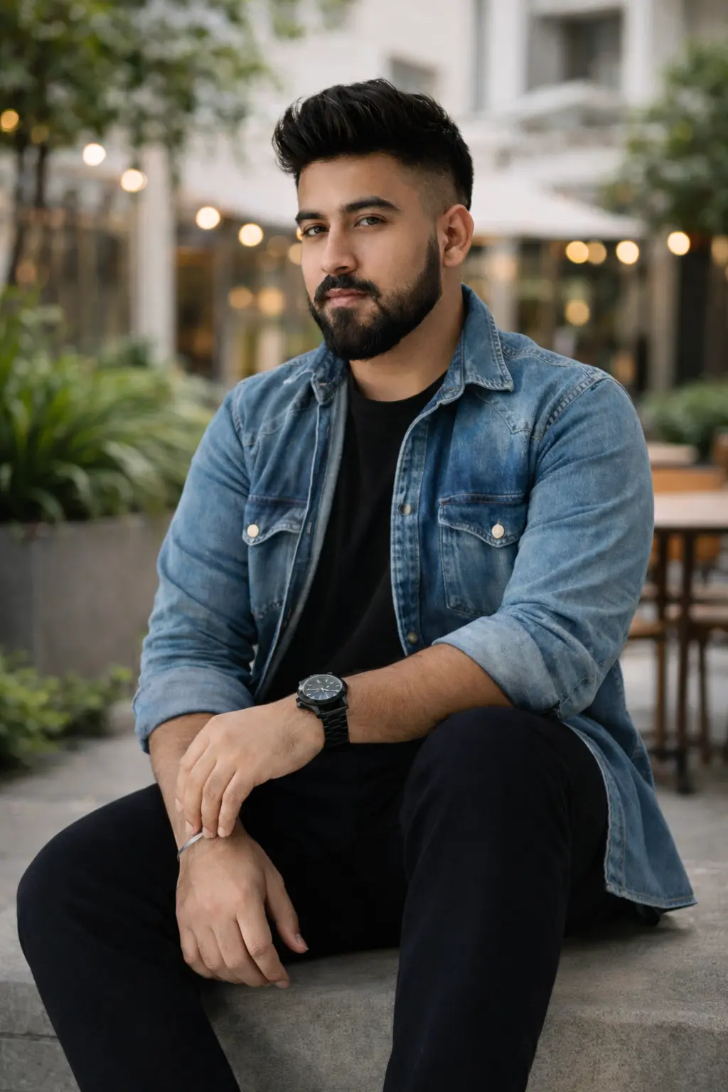 Portrait of a young man in a dark double-breasted suit and black turtleneck. Soft lighting creates a sophisticated, serious tone.