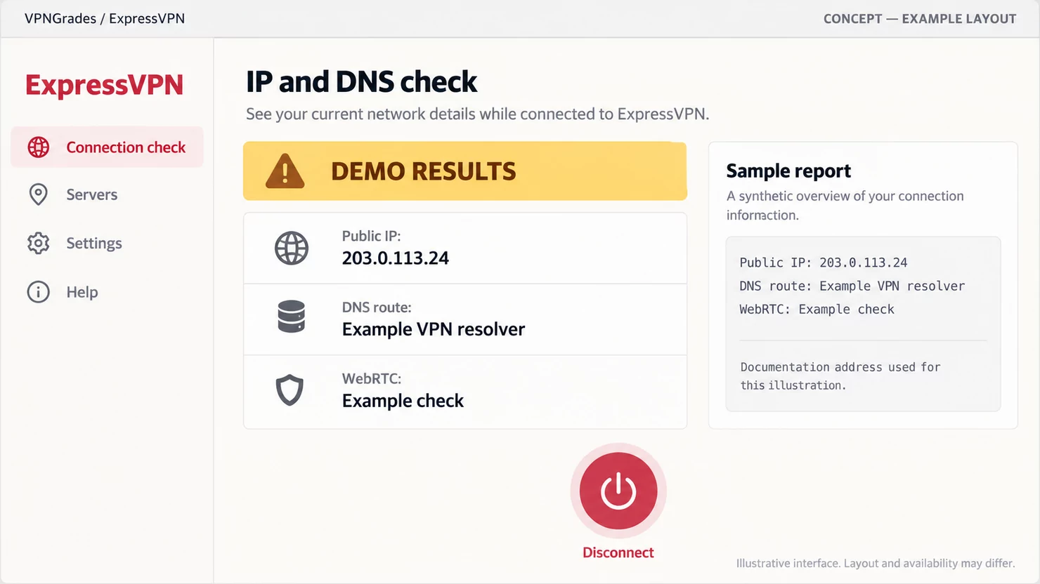 ExpressVPN: a sample ip, dns and webrtc check (illustration).