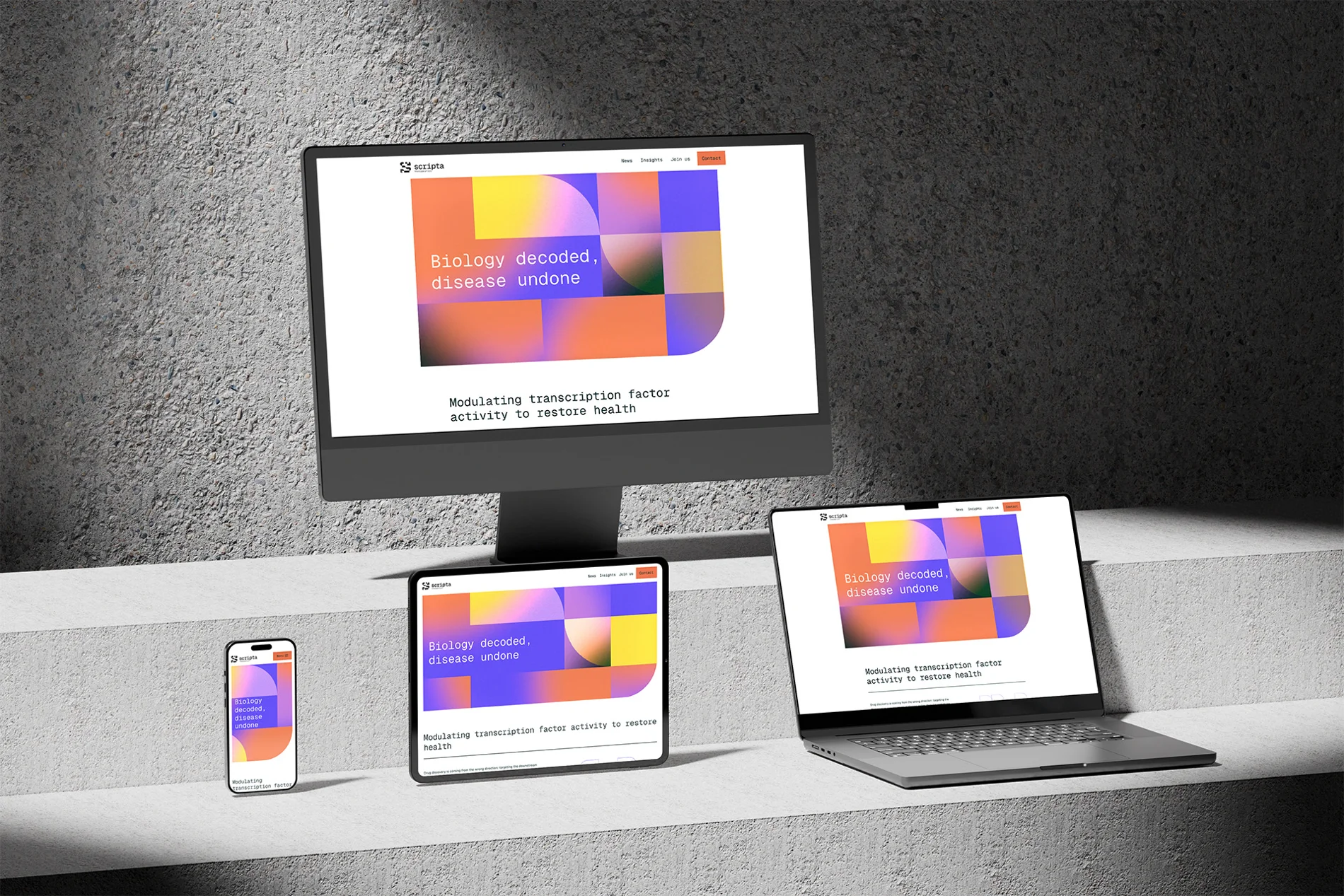 Scripta’s website shown across various devices including a desktop monitor, tablet, laptop, and smartphone, all displaying the same homepage design with the tagline ‘Biology decoded, disease undone’.