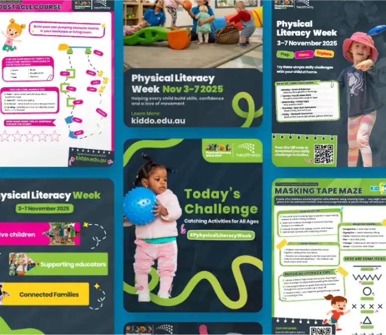 A digital collection of educational and promotional materials for Physical Literacy Week 2025. The layout includes illustrated activity guides for an "Obstacle Course" and "Masking Tape Maze," social media tiles featuring photos of children engaged in play, and branding for KIDDO and Healthway against a vibrant teal and lime green background.