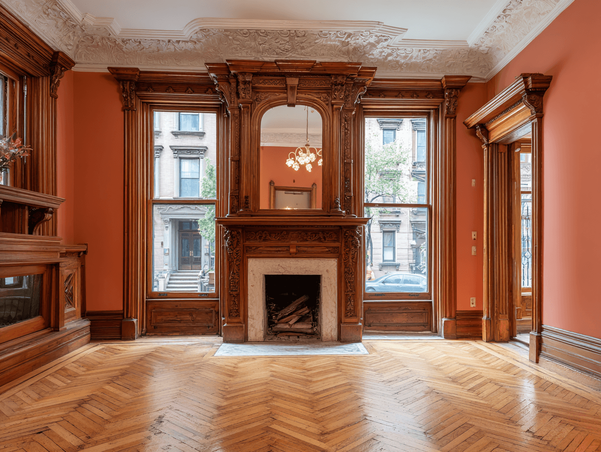 Traditional living room with fireplace, wood paneling, and large windows.