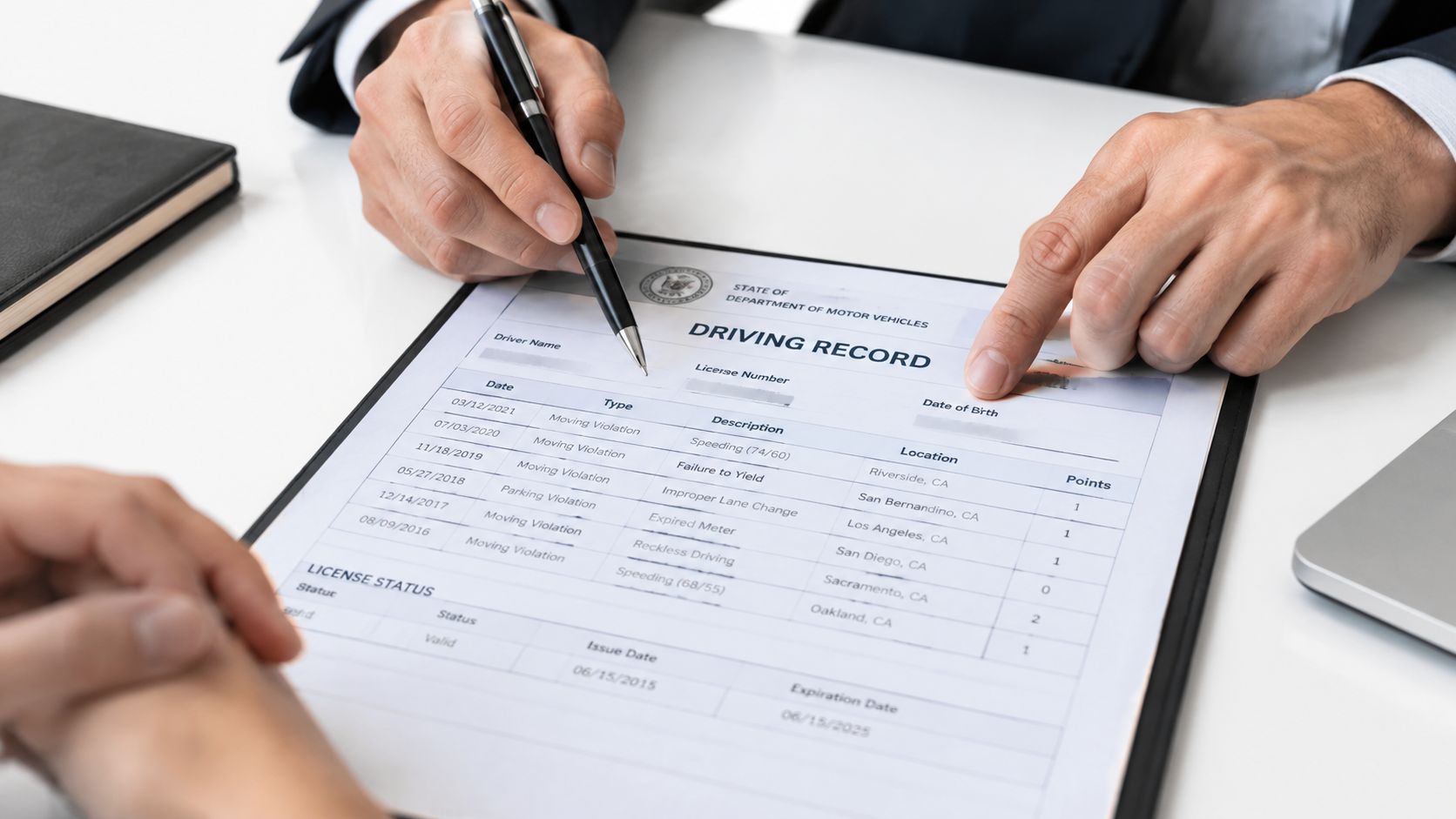 A person's hands pointing to a specific line item on an official driving record document during a review.