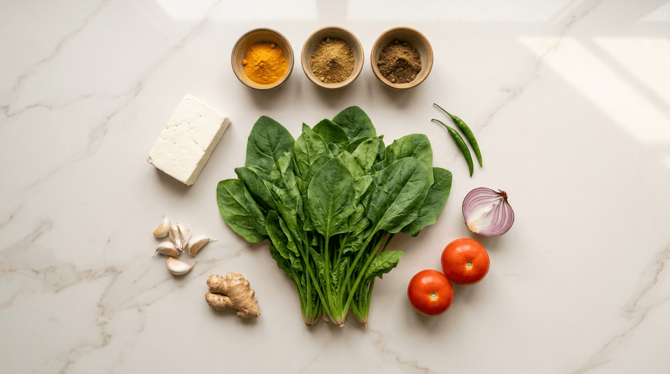 Fresh Palak Paneer ingredients flat-lay including spinach, paneer, and spices