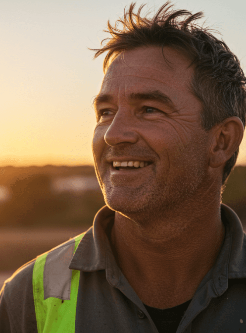 Construction worker smiling at sunset