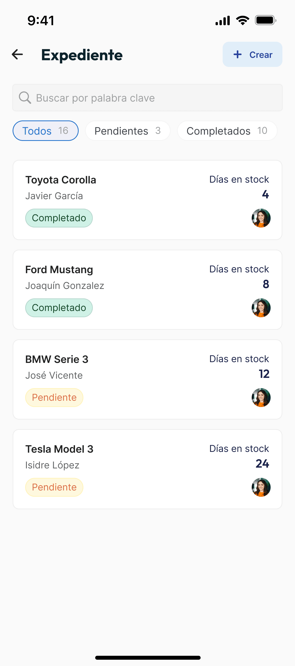 Mobile app screen showing a list of vehicle statuses, including Toyota Corolla, Ford Mustang, BMW Series 3, and Tesla Model 3.