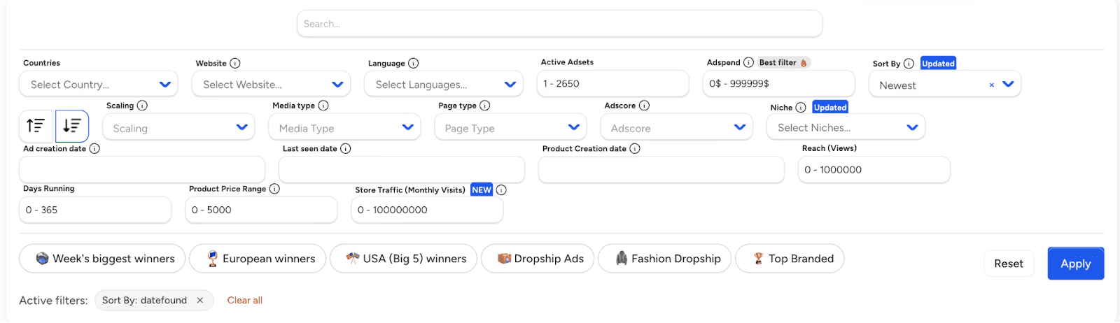 Competitor ad filtering options inside WinningHunter dashboard