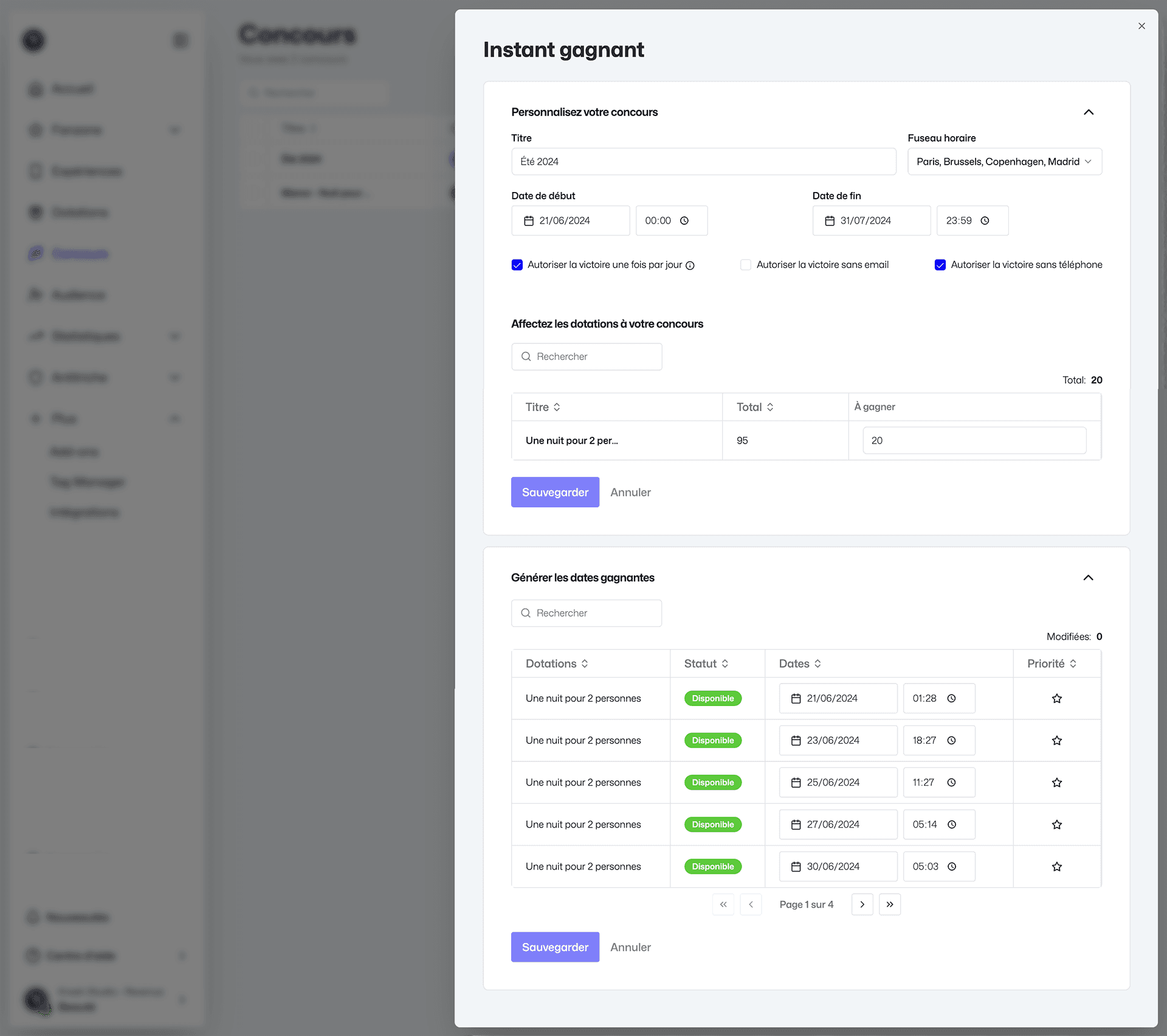 Fastory instant win settings