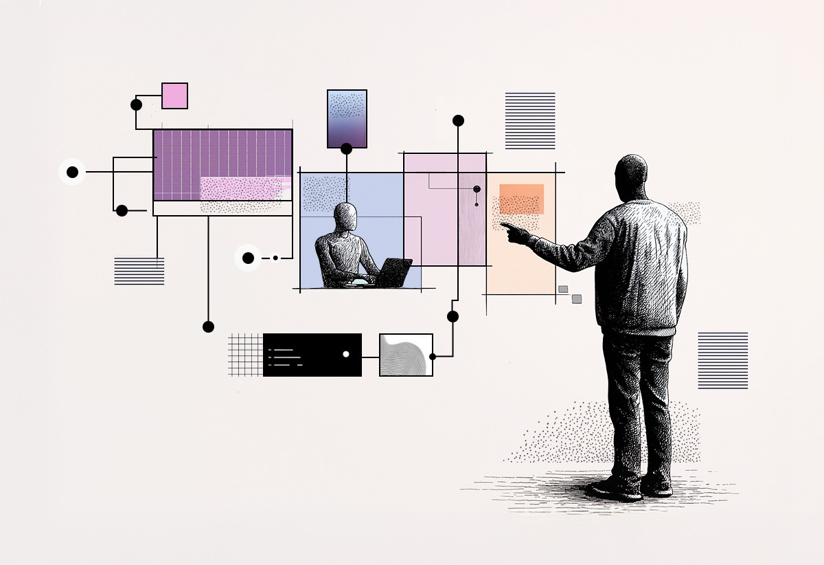 Human and AI figures connected by abstract interface elements illustrate emerging UX patterns shaping a new collaborative work model.