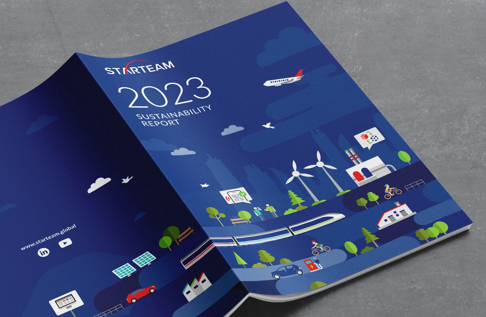 Starteam Global 2023 Sustainability Report cover – PCB circuitry patterns and illustrations of renewable energy and electric vehicles, designed by Teatime Studio.