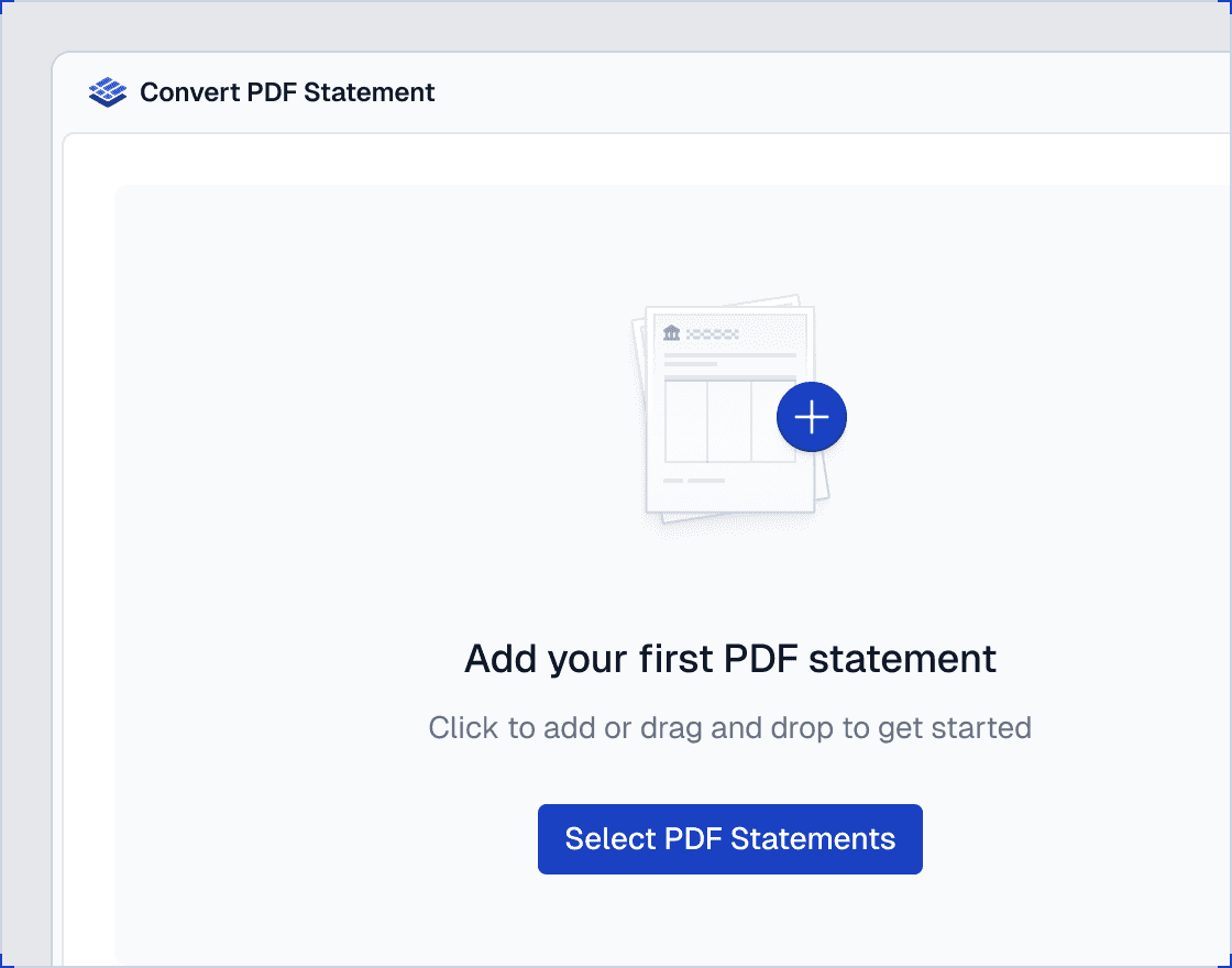 Convert PDF Statement import screen showing the "Import your PDF statements" interface with a Select PDF files button, supporting files up to 10MB