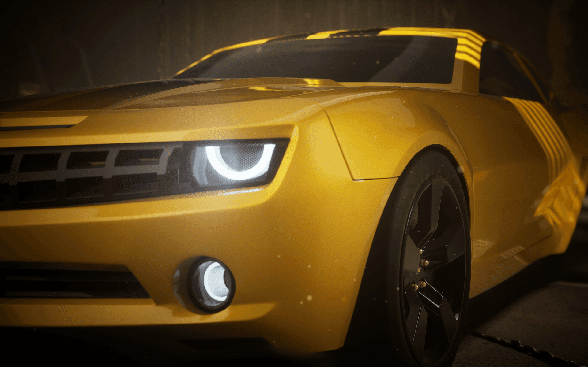 An unreal engine 5 cinematic render of Chevrolet Camaro in a lake side garage environment.