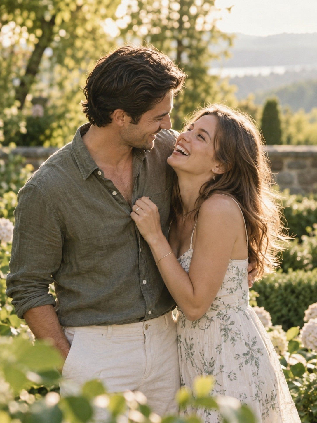 Engaged couple laughing together in a summer garden