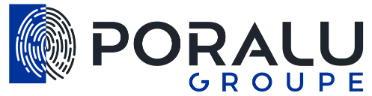 Logo de Porallu Groupe, affichant un design moderne avec des lettres sombres et un carré bleu vif, symbolisant un.