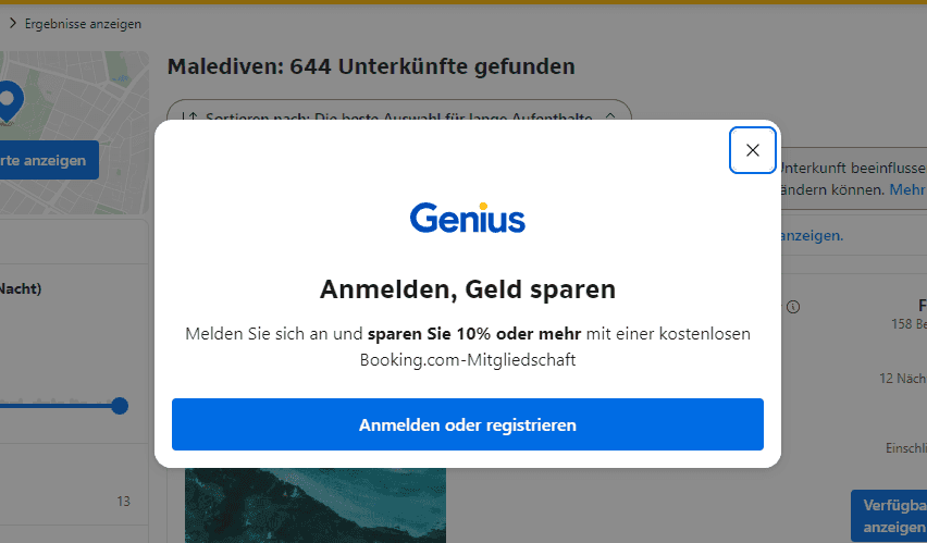 Booking Pop-Up für Anmeldung