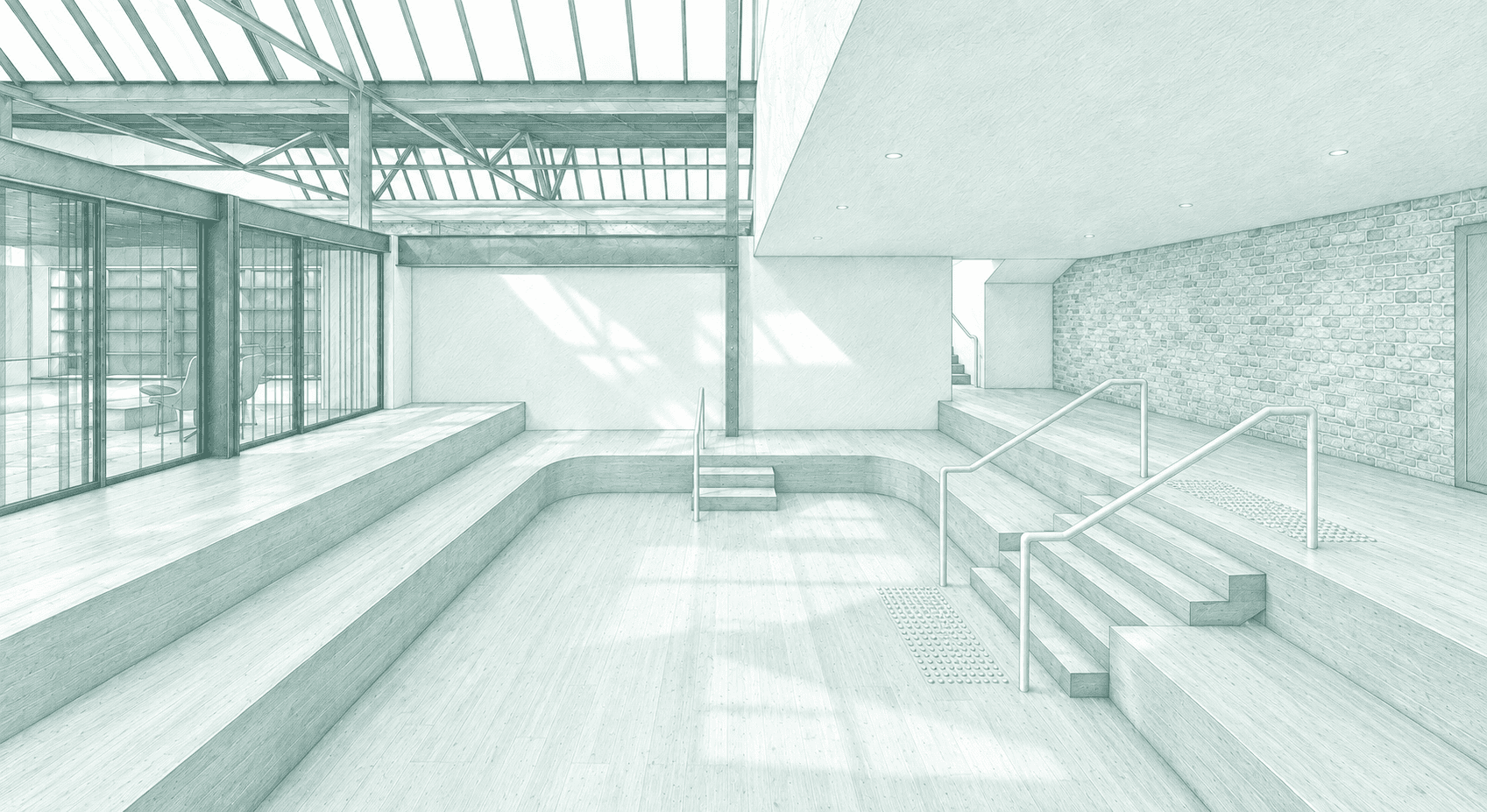 Etched interior view showing exposed roof structure, glazed partitions and a change in floor level.