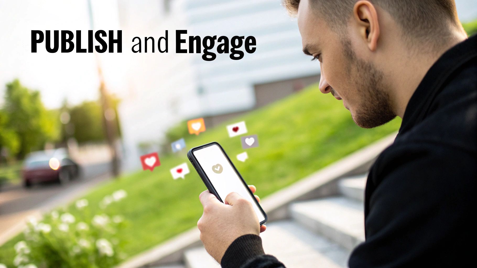 Man holding a smartphone with social media engagement icons floating, promoting 'Publish and Engage'.