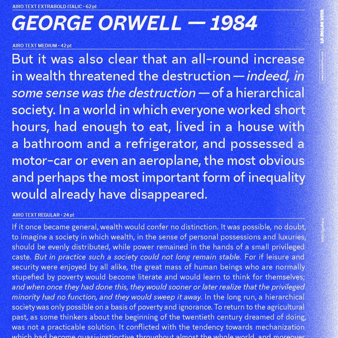 complex type specimen white on blue background with various sizes and styles of airo text