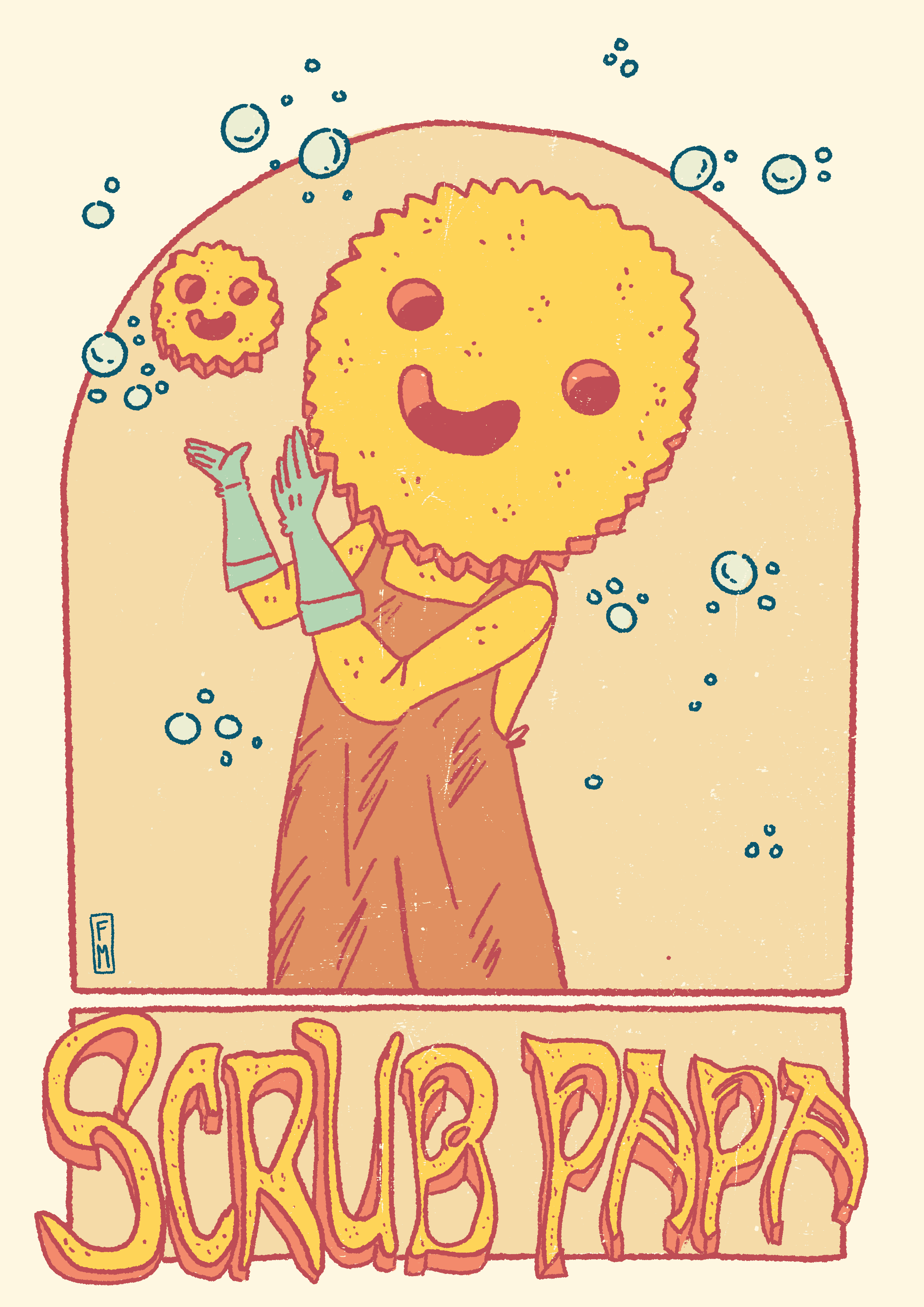 A humanoid scrub daddy sponge with a little floating scrub daddy sponge