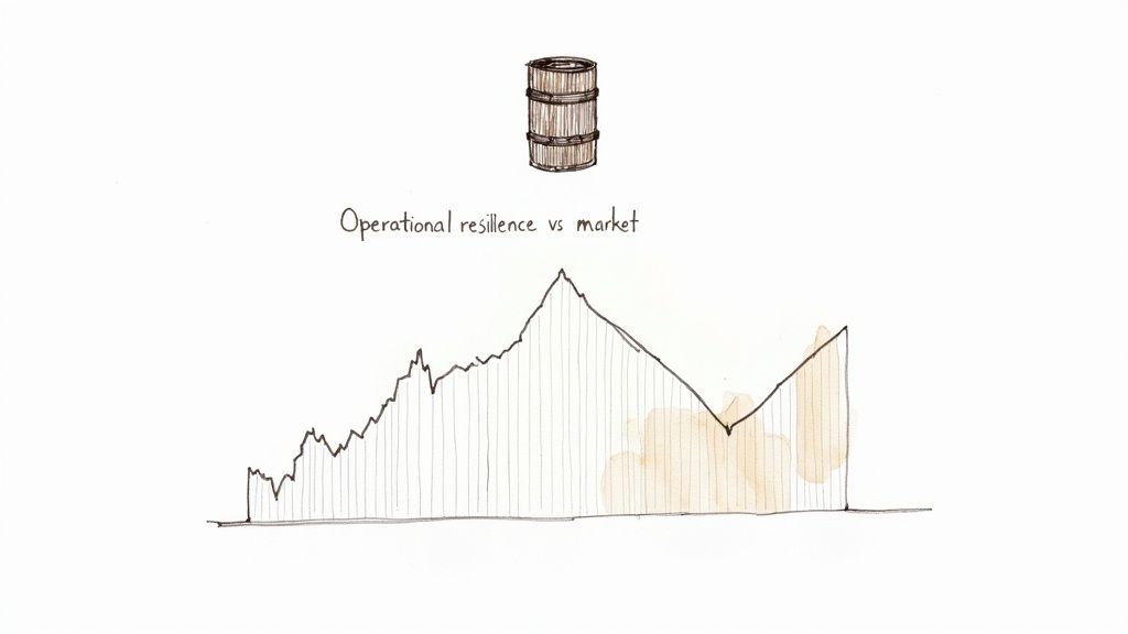 Hand-drawn chart illustrating operational resilience versus market fluctuations, with a barrel above.