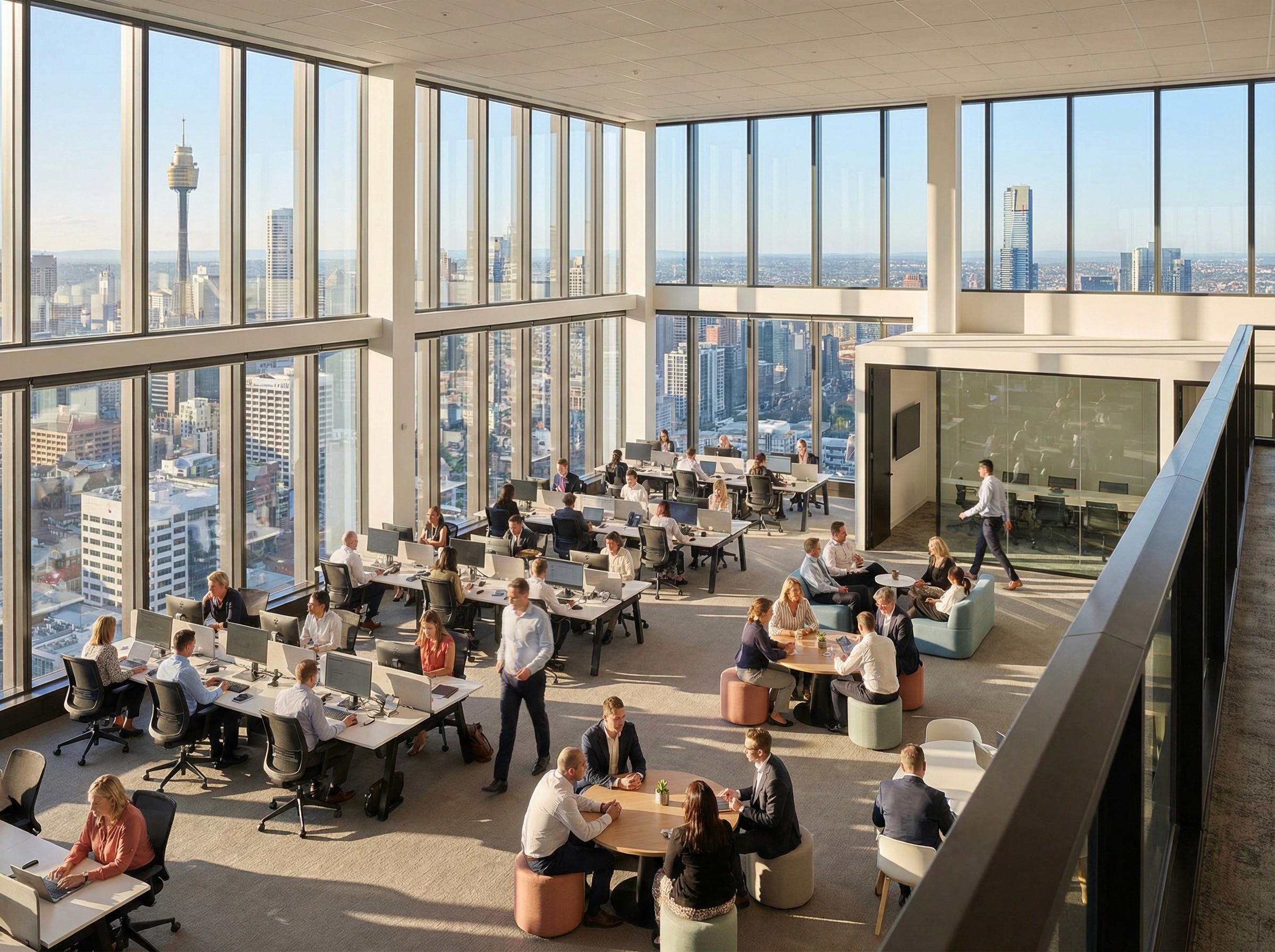 A wide, elevated shot of a large enterprise floor plate — sixty or seventy desks visible across an expansive open-plan office spanning the full width of a high-rise building. The office is alive with mid-afternoon activity: people at desks, small clusters in conversation, someone walking to a meeting room. Floor-to-ceiling windows on two sides show an Australian CBD skyline.
