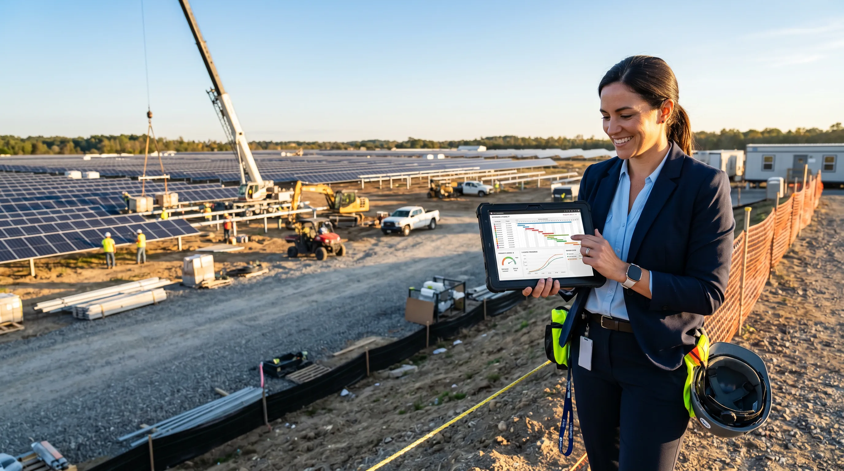 Engineer in safety gear standing beside solar panels at sunset on a solar farm site.