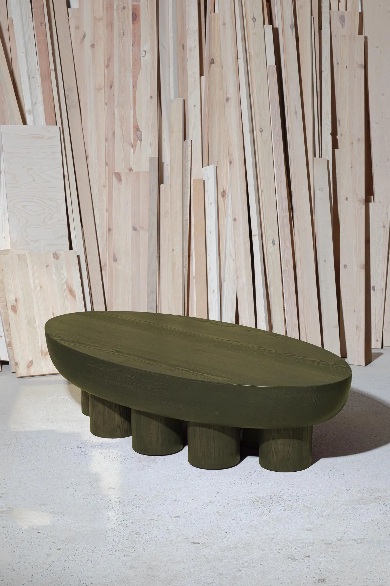 cyclades oval low table deep olive colored finish by Jiri Krejcirik