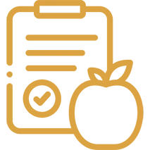An icon of a clipboard with a checklist and an apple.