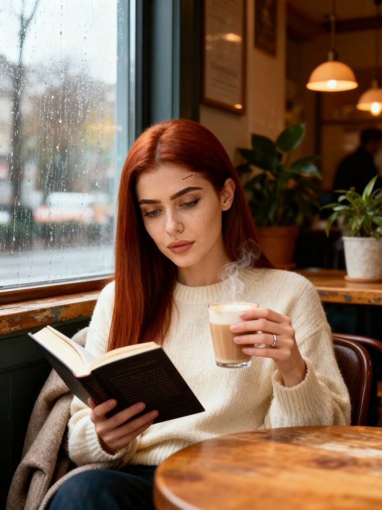 Woman reading in cafwindow, improved by InVideo AI features for rainy mood.