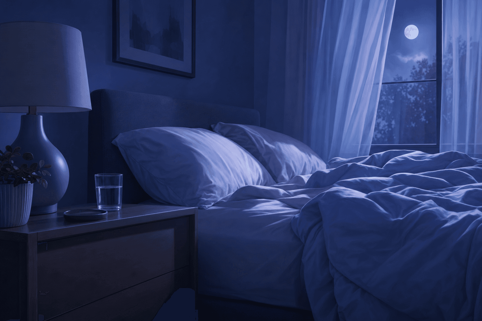 A peaceful bedroom scene at night showing a digital clock displaying 3:47 AM on a nightstand, soft moonlight filtering through curtains, rumpled bedsheets suggesting restless sleep, calm blue and purple tones, medical illustration style, serene but conveying the quiet disturbance of middle-of-the-night waking