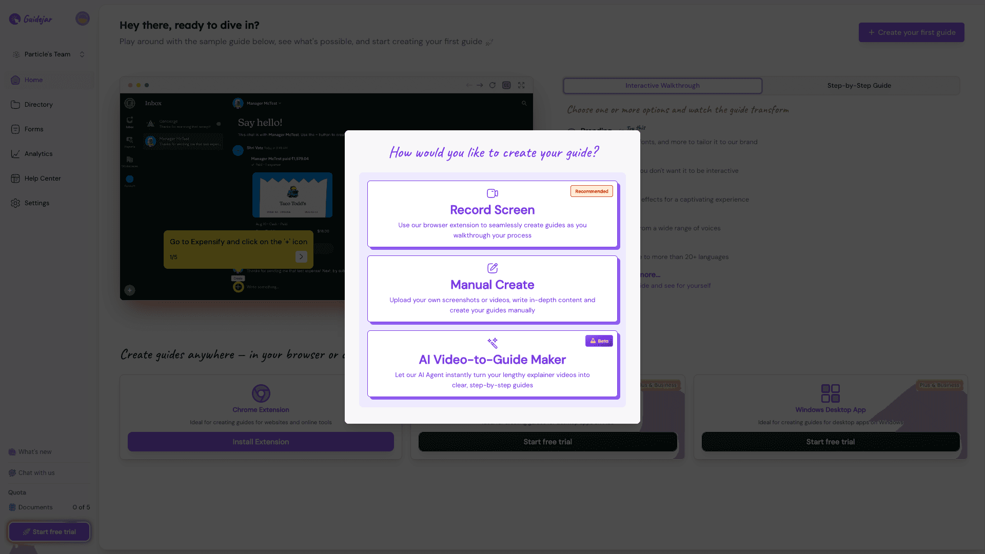 Guidejar guide creation dialog showing Record Screen, Manual Create, and AI Video-to-Guide Maker options