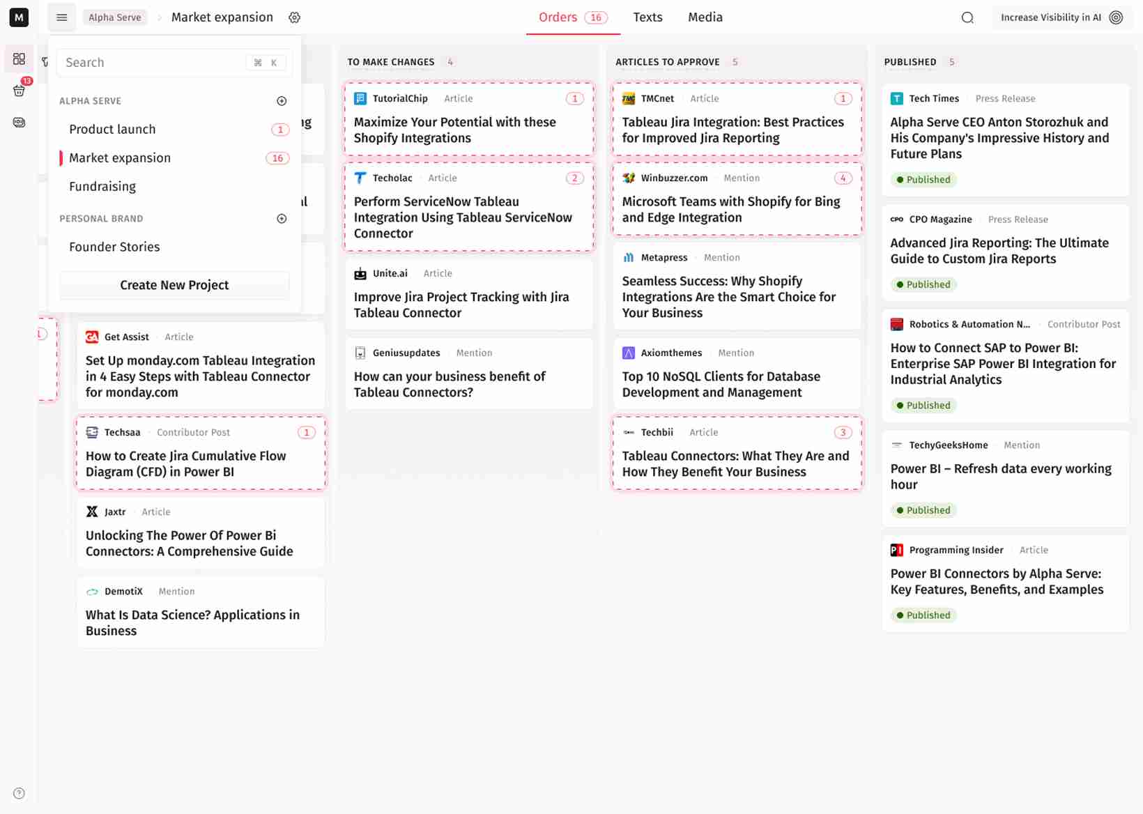 The campaign board interface with placement orders