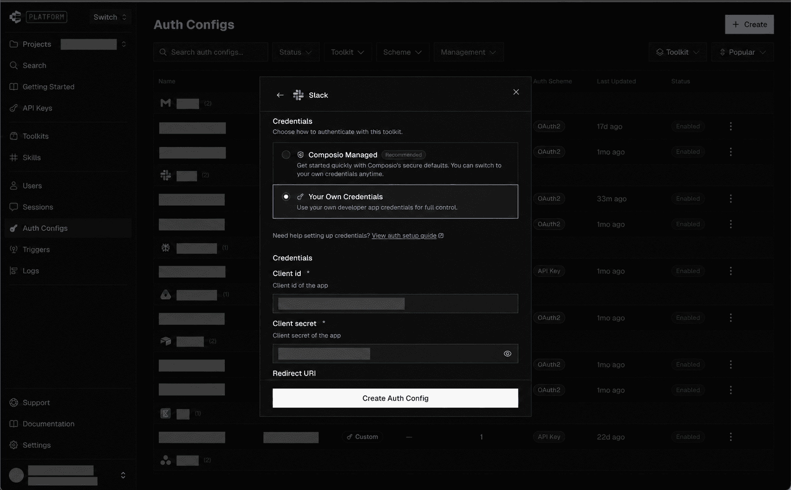 Select Your Own Credentials and enter Client ID and Secret