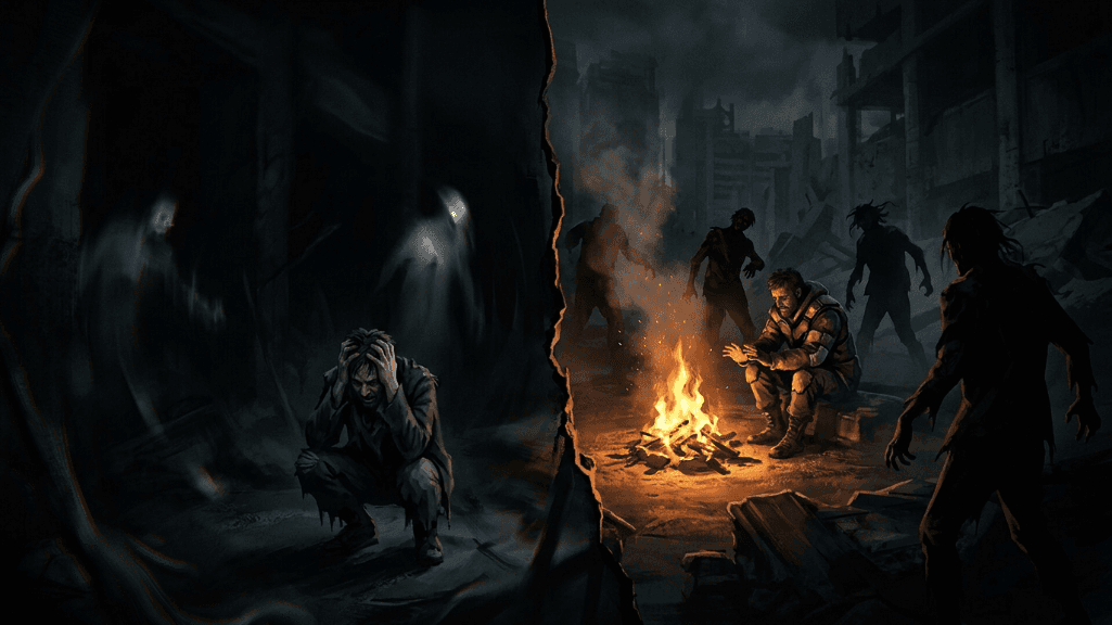 The Light vs. Dark survival loop — mares in darkness, dementals attracted to light, sanity as the resource caught between them