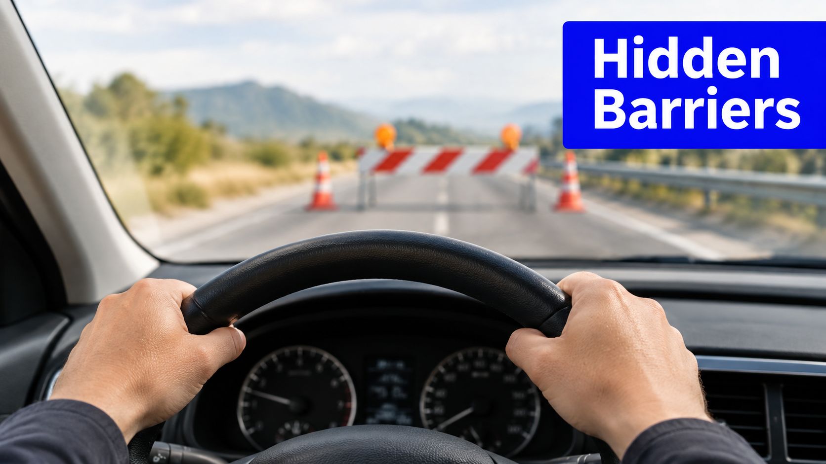 A driver holding a steering wheel while looking at road construction barriers on a highway.