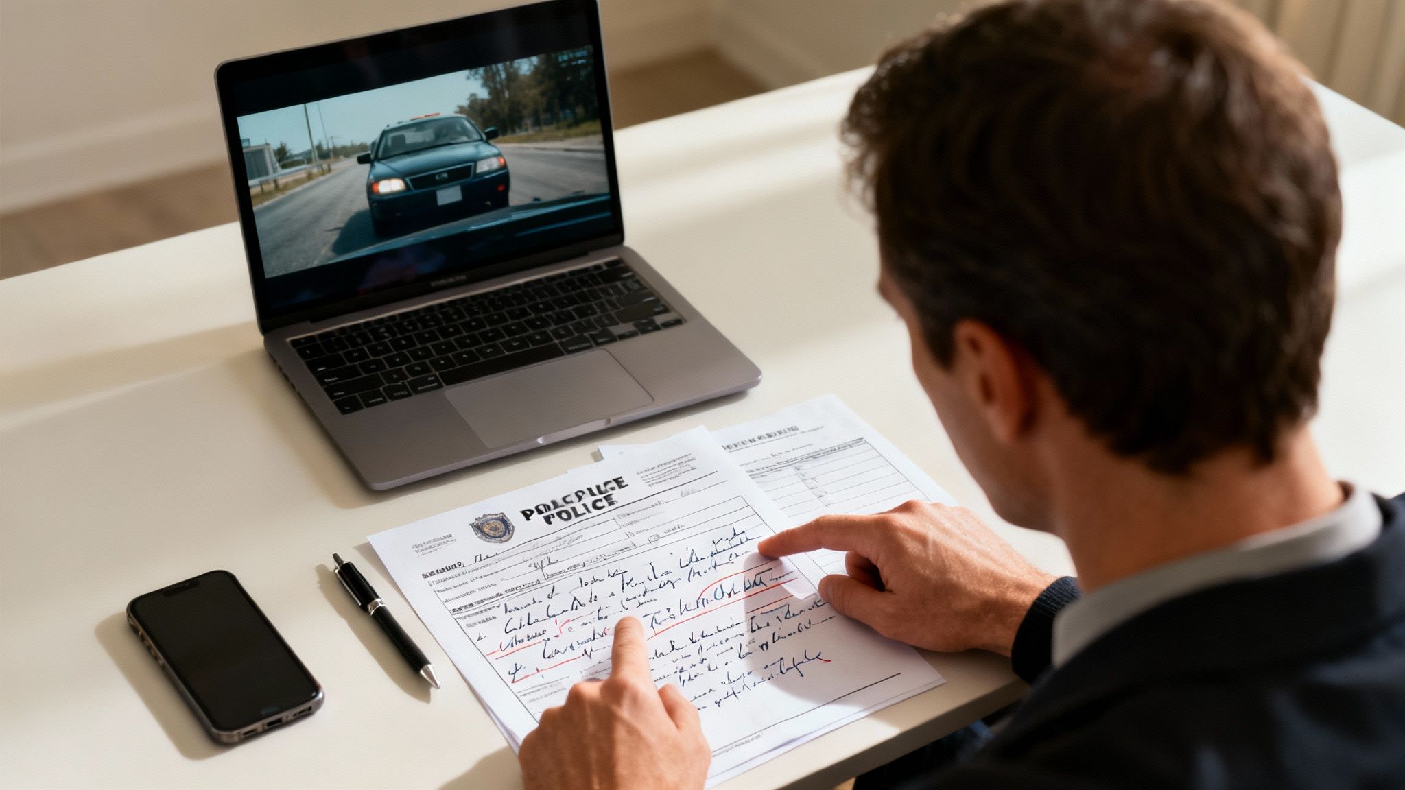 Man reviewing police documents and video evidence of a car on a laptop.