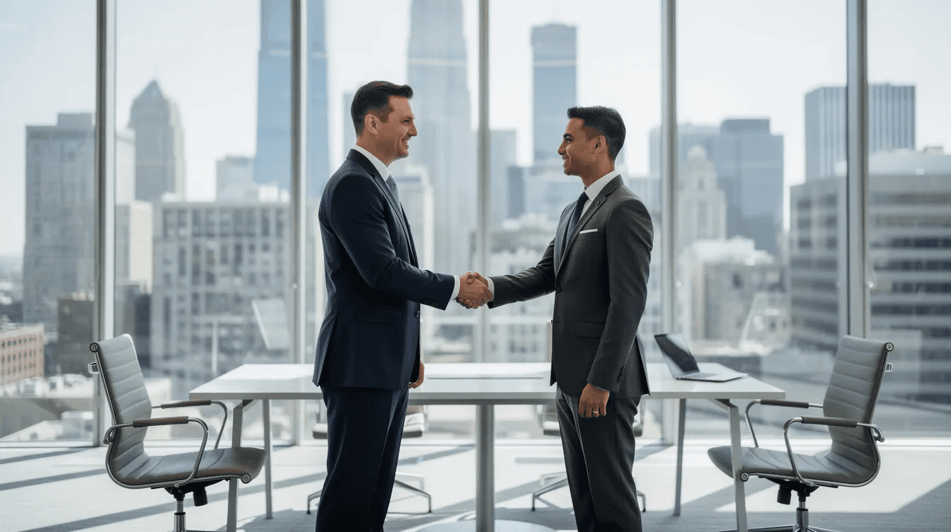 The image depicts two professionals shaking hands in a modern office, with a stunning city view visible through floor-to-ceiling windows. This setting reflects a collaborative atmosphere, ideal for a web design agency in Dubai, emphasizing business growth and innovative digital solutions.