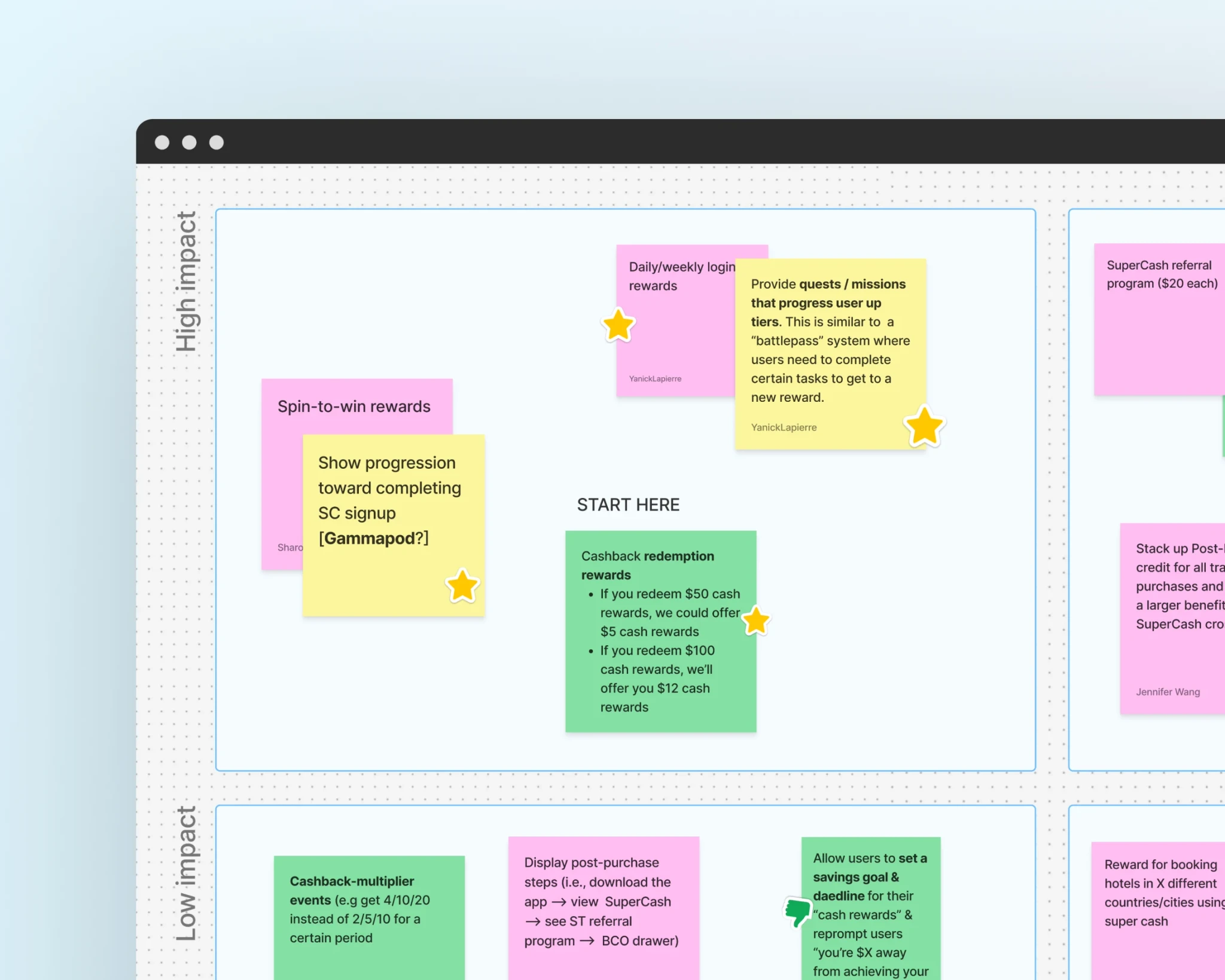 UX workshop board showing sticky notes grouped by impact, highlighting ideas like quests and missions to improve Super.com’s reward system and boost user progression clarity.