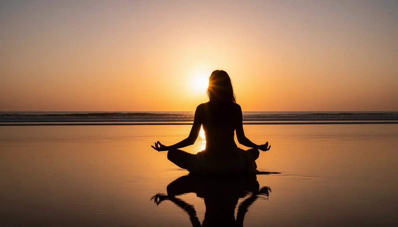 Kobieta w pozycji jogi o zachodzie słońca nad morzem, symbol relaksu i spokoju w Belleza Beauty Rzeszów.