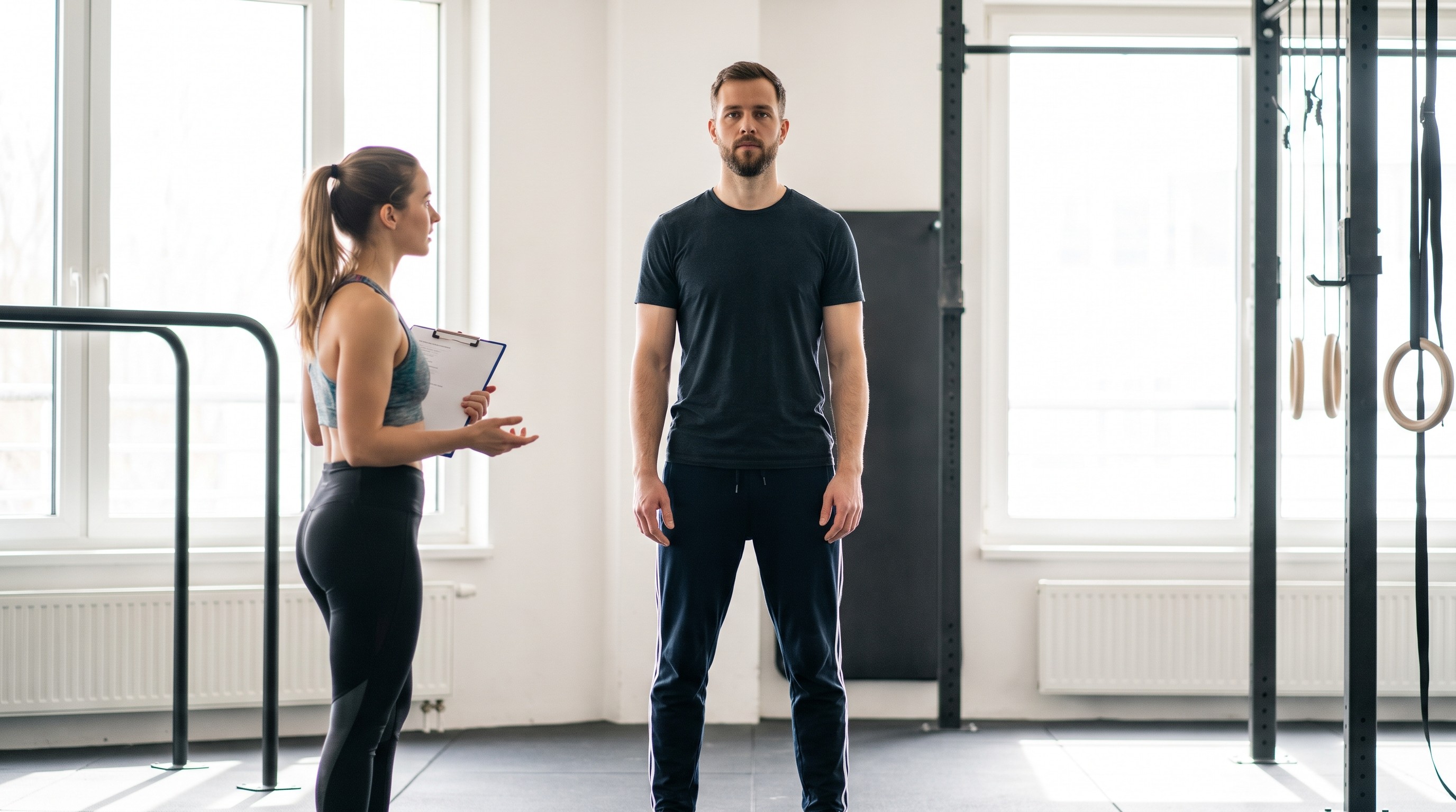 istruttore calisthenics AIF valuta la postura di un cliente prima dell'allenamento in palestra