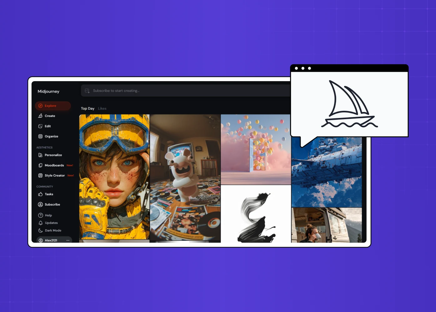 Midjourney interface showing AI-generated image gallery and prompt-based creation.
