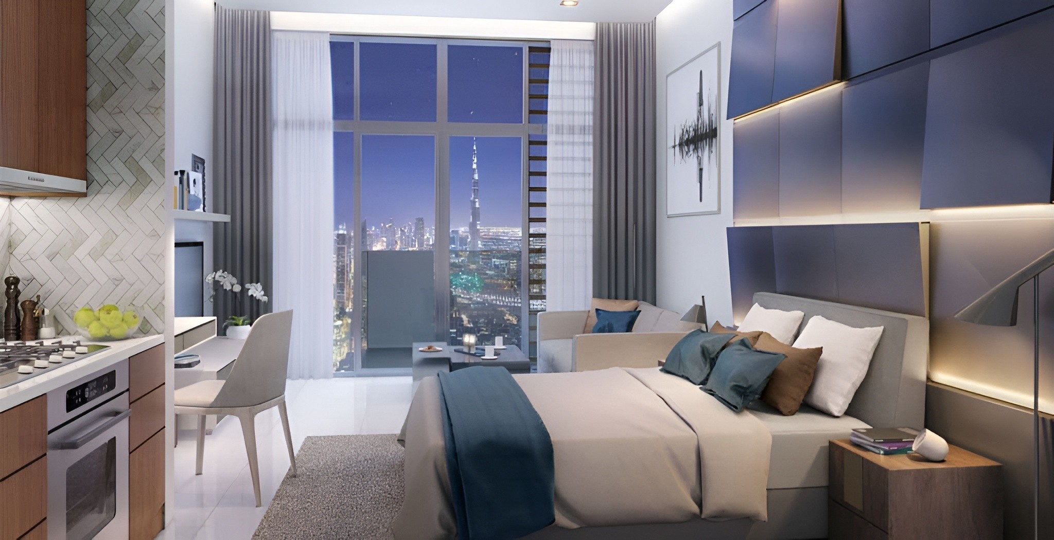 Elegant master bedroom with high-end finishes and a private balcony overlooking the city.