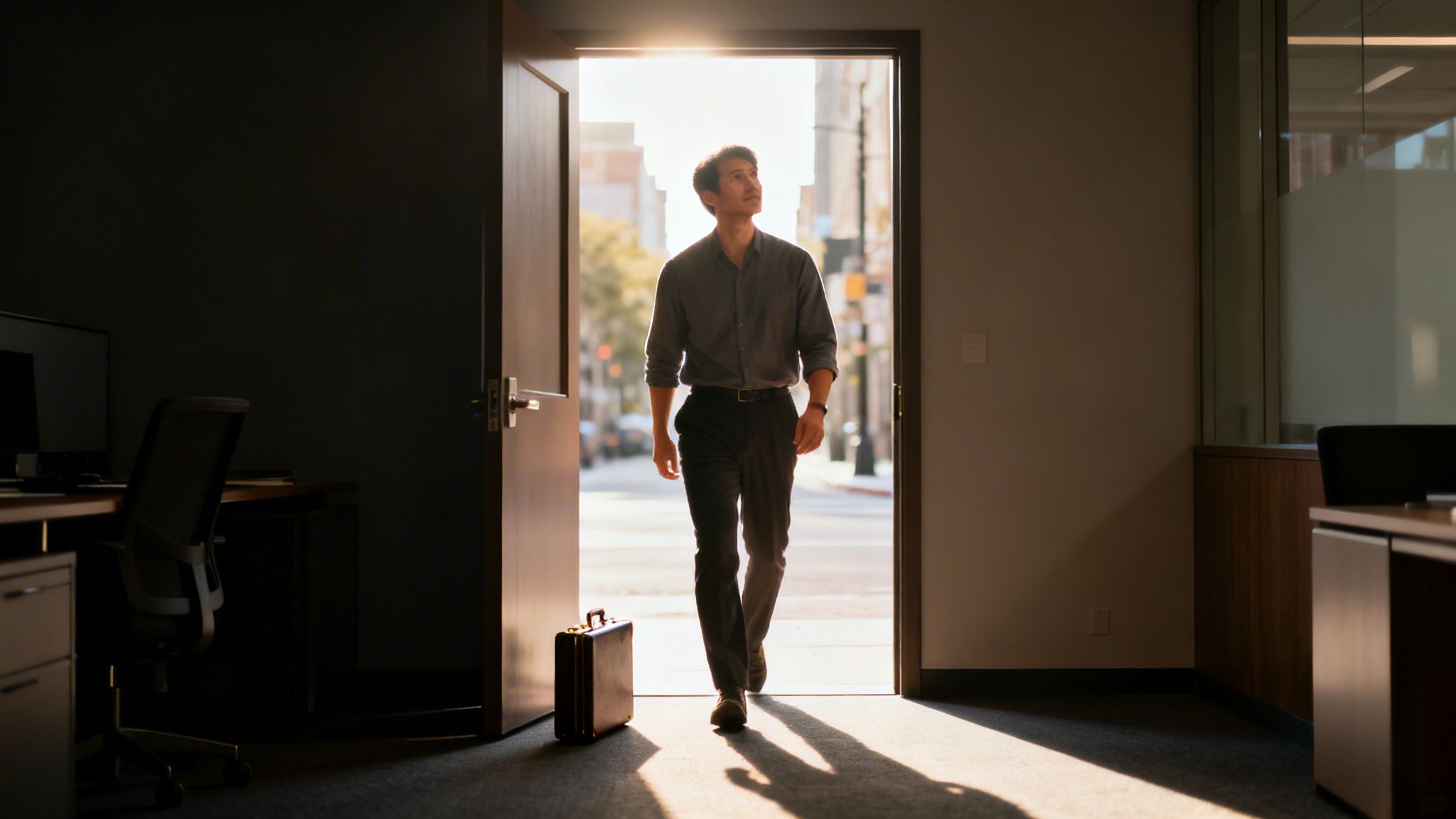 En man med portfölj går in på ett ljust kontor från en solig stadsgata.