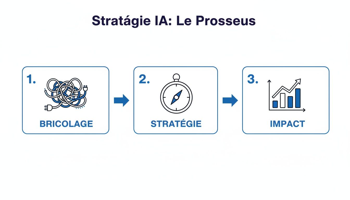 Diagramme illustrant les trois étapes d'une stratégie d'IA : bricolage, stratégie et impact, avec des icônes explicites.
