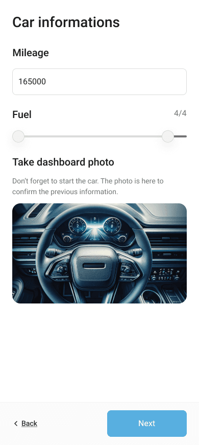 FlynCar app’s ‘Car Information’ screen allowing users to input mileage, adjust fuel level, and confirm the dashboard photo.