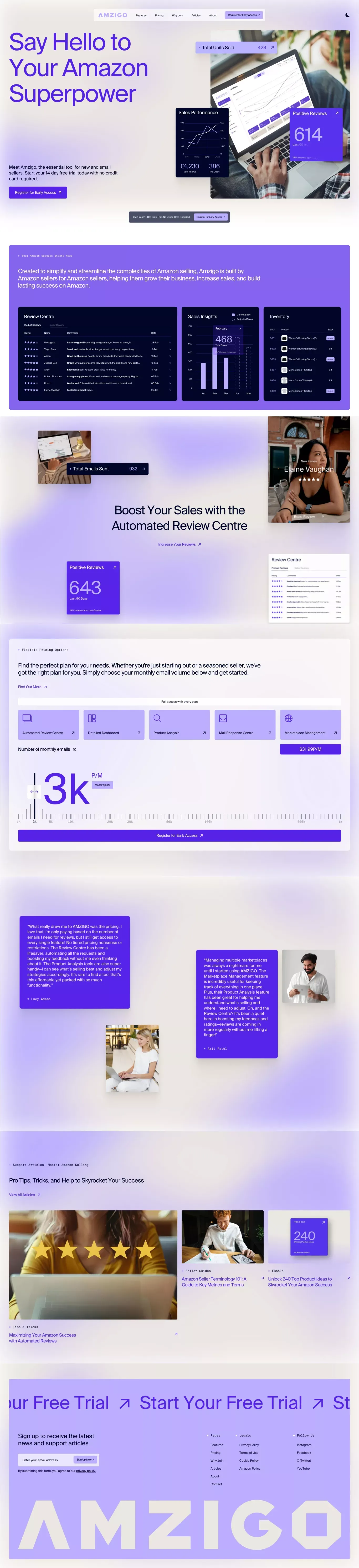 Amzigo landing page screenshot showcasing Tech and Marketing design