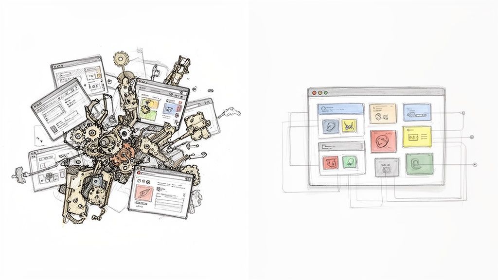 Artwork depicting the transformation of business platforms from intricate machinery to simple, organized modular systems.